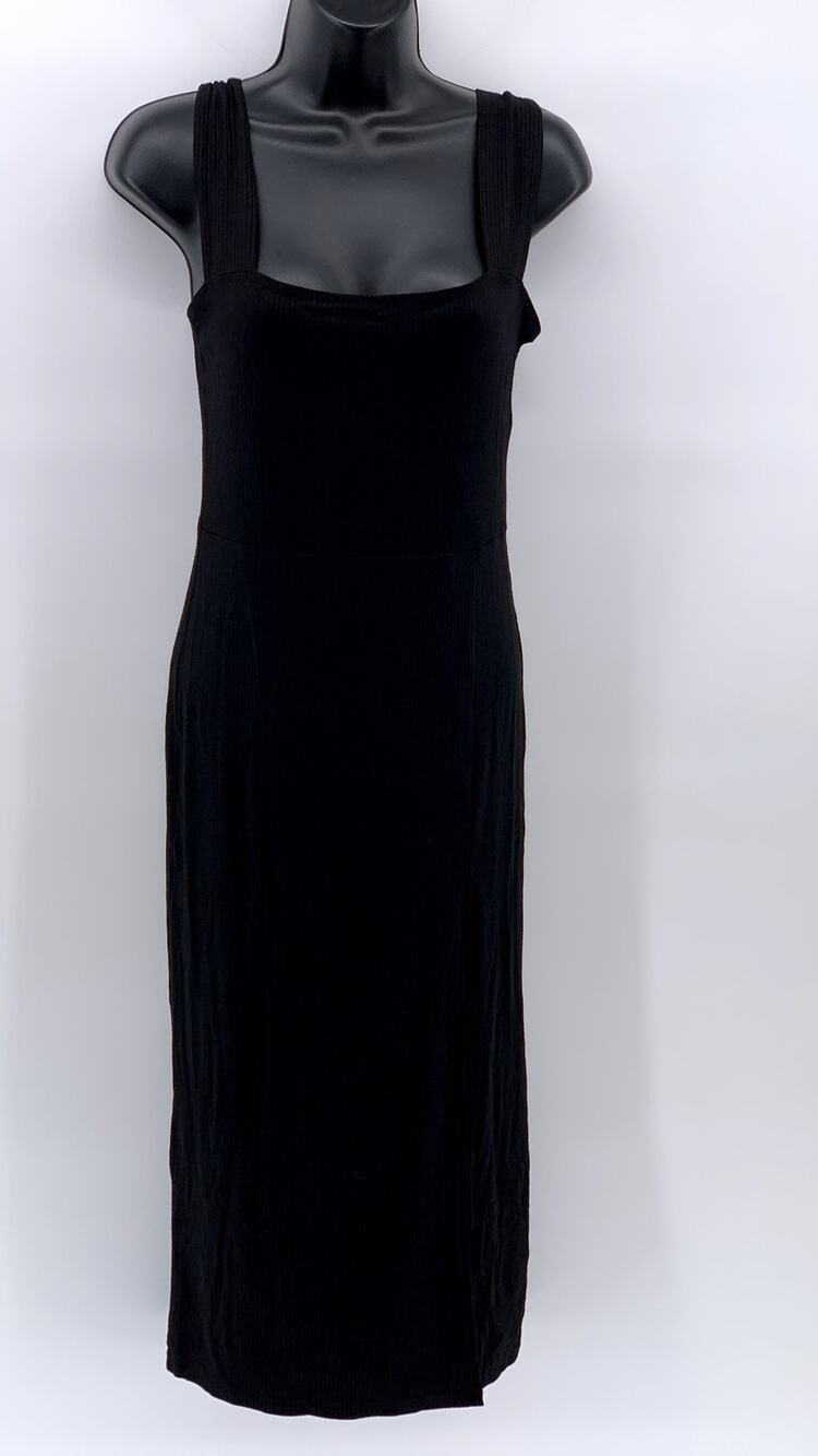 SEZANE Women's Black Ribbed Straight-Neck Side-Slit Midi Dress SZ 38(US6)
